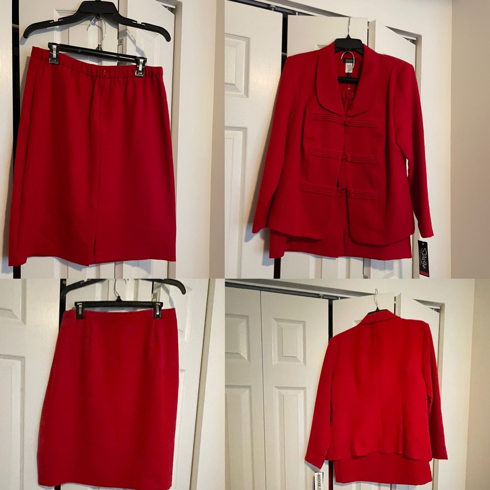 Spago Red 2PC Suit, Button Down Jacket & elastic skirt w/zipper, Size 14 NWT
